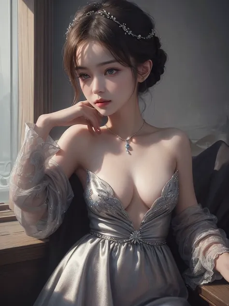 Highest quality, masterpiece, Ultra-high resolution, (Realistic:1.5), RAW Photos, 1 Girl, Off the shoulder, In the Dark, Deep Shadow, Discreet keys, Cold Light, Sexy Looks, Gorgeous Dress、elegant necklace、((Small breasts))、Looking at the audience、