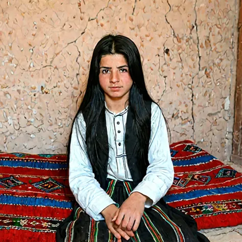 Beautiful black hair kurdish teen in village room 