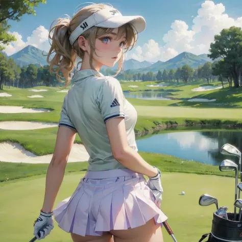  masterpiece, (textured skin), best quality, gorgeous beautiful girl, (a female golf athlete), detailed clothes,large breasts,narrow waist,, (beautiful face), cinematic lighting, (at golf venue ),