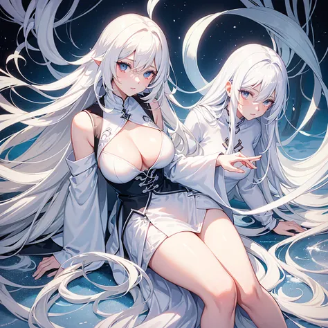 character, higth tall adult beautiful, hotWoman boss witch, peach skin, shinny marks on body, eyes blue, white eyelashes long wavy white hair, white luxury clothes, horror anime, bright snow forest