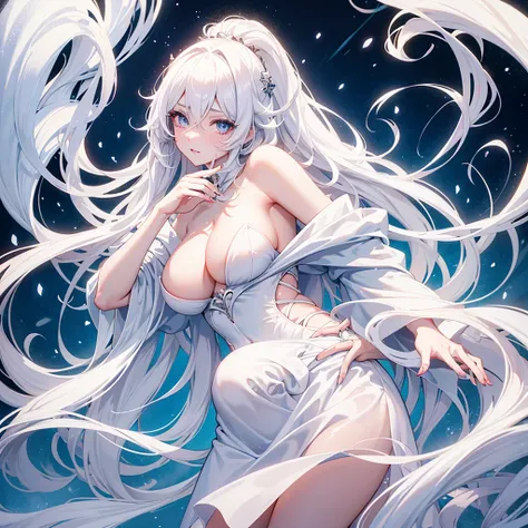 character, higth tall adult beautiful, hotWoman boss witch, peach skin, shinny marks on body, eyes blue, white eyelashes long wavy white hair, white luxury clothes, horror anime, bright snow forest