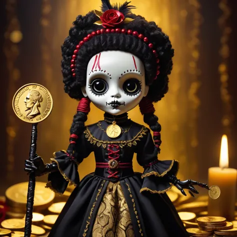 (Knitted toy doll voodoo:1.9), (Voodoo Gothic rich:1.3), (Classic costume with Gothic elements and lace cuffs:1.0), (in the hands of a magic wand with a gold coin at the end:1.9), (against the background of gold coins :1.3), best quality, masterpiece, deta...