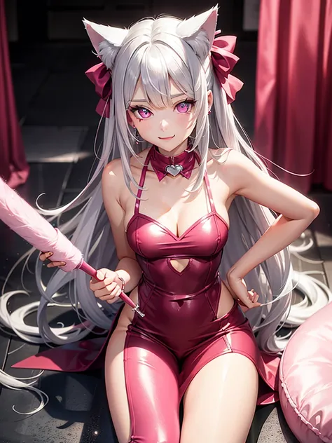 Silver hair, pink eyes, body, cat ears, sexy girl, earrings, background fantasy, red pink uniform, hair bows, sit down, happy face