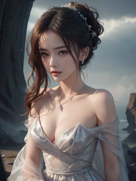 Highest quality, masterpiece, Ultra-high resolution, (Realistic:1.5), RAW Photos, 1 Girl, Off the shoulder, In the Dark, Deep Shadow, Discreet keys, Cold Light, Sexy Looks, Gorgeous Dress、elegant necklace、((Small breasts))、Looking at the audience、See-throu...