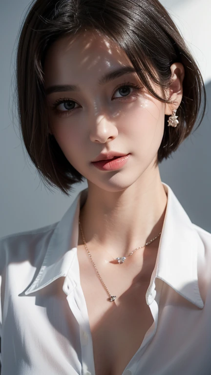 masterpiece,Highest quality,One girl,Very detailed,Improves skin quality,Ultra-high resolution,Very delicate,super high quality,Detailed face,Beautiful Eyes,(short hair:1.3),Beautiful Nose,(Thin collared shirt:1.5),Exposed cleavage,(looking at the camera),...