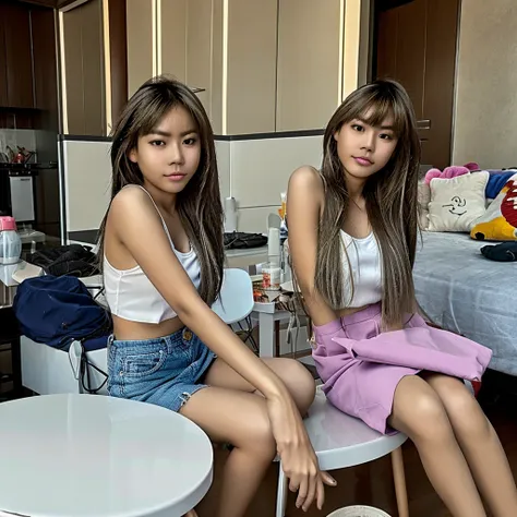 filipina girl with vacant expression sitting on table