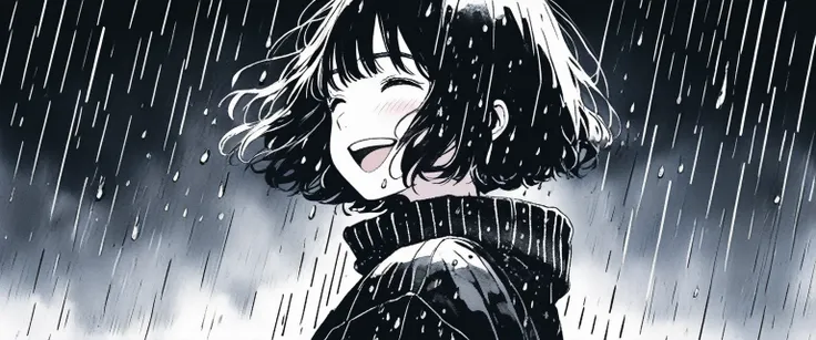 Illustrator, anime , Realistic ,sketch , smile、Laughing with your mouth open、Abstract rain on background、whole body、1 girl, ,lip, sweater,order, Black gradient background, black髪,Short Bob、blackｔshirt、Textured Trim, Canadian, (masterpiece,Highest quality) ...