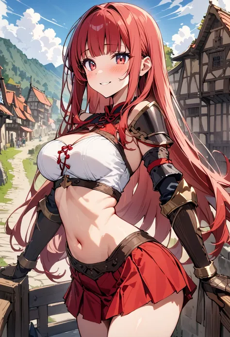 ((masterpiece,Highest quality:1.3)),1woman,30 year old beauty,独奏,((very small head:1.3)),red hair,long hair,blunt bangs,red eyes,gorgeous eyes,shy,smile,medium breasts,((very long body:1.2)),((toned body,slender body,)),skinny,gleaming skin,shiny skin,((Re...