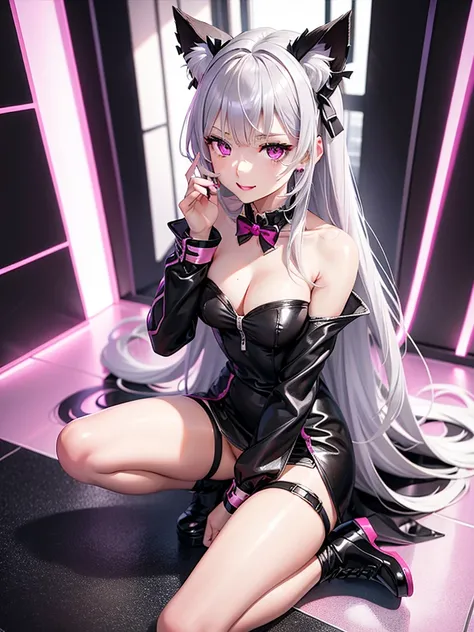 Silver hair, pink eyes, body, cat ears, sexy girl, earrings, background fantasy,uniform, hair bows, sit down, happy face