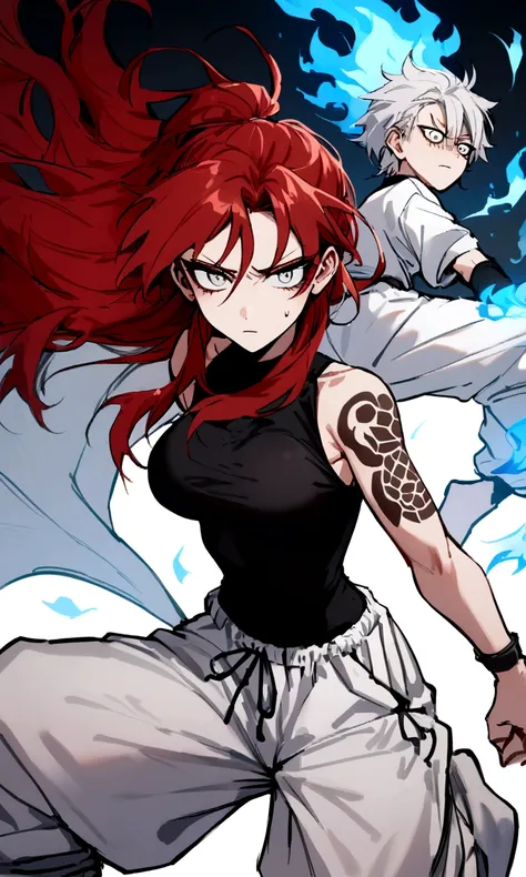 make me a female, 22 years old, red long messy hair, white eyes, shes blind, body tattoos, black tight shirt and baggy white sweatpants, emotionless face, shes fighting, blue fire powers