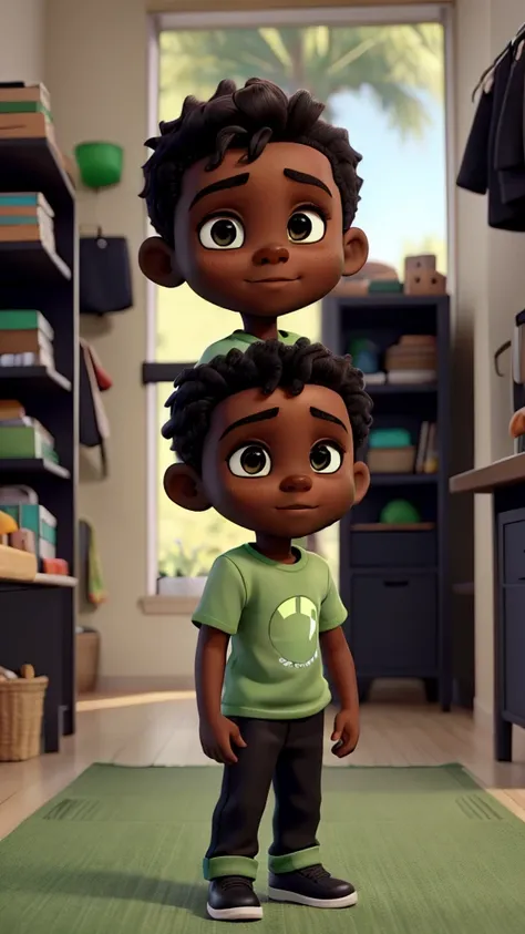 Little dark-skinned boy with black t-shirt and green pants