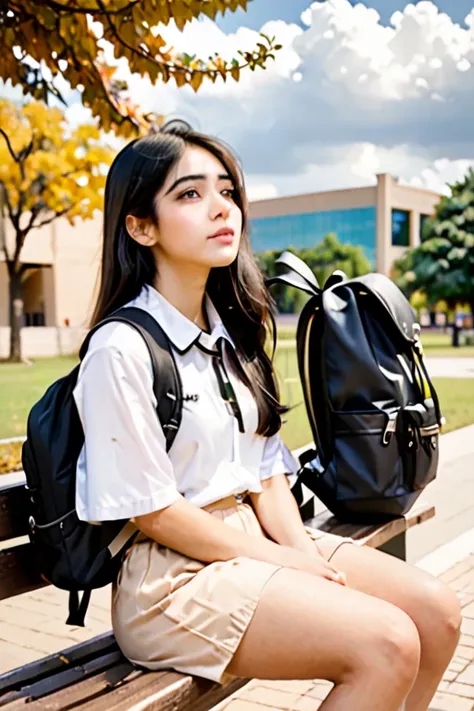 A beautiful student looking at the clouds, sitting on a bench, side profile, almond brown eyes, black long hair, campus background, with black backpack