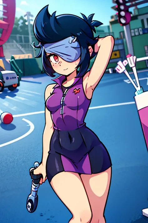 tennis girl in tight mini dress with straight hem, panty, gloved hands hidden behind head, blindfold