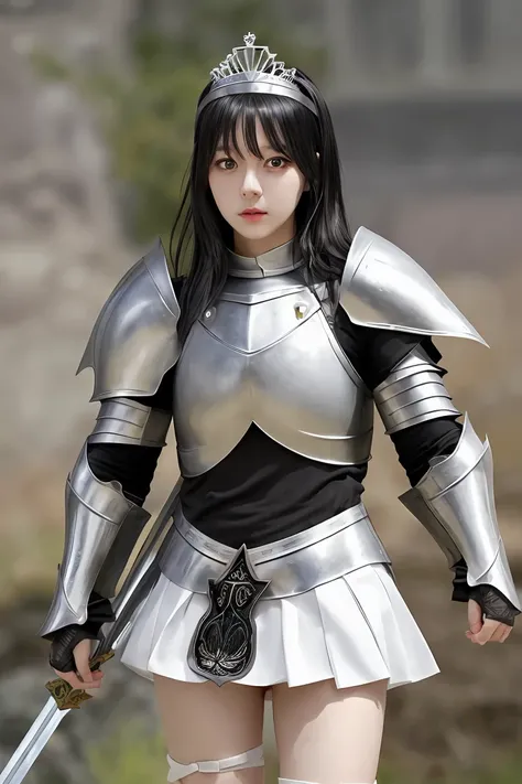 female knight　White mini skirt　Black Hair　hair band　armor　tiara