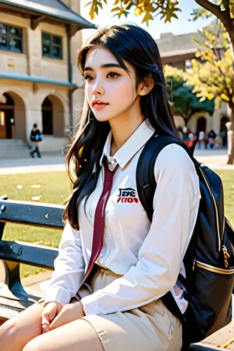 A beautiful student, 1girl, sitting on a bench, side profile, almond brown eyes, black long hair, campus background, black backpack, realistic, photorealistic, photo-realistic:1.37, best quality,4k,8k,highres,masterpiece:1.2,ultra-detailed,vivid colors,sha...