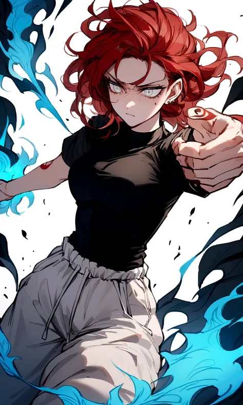 make me a female, 22 years old, red long messy hair, white eyes, shes blind, body tattoos, black tight shirt and baggy white sweatpants, emotionless face, shes fighting, blue fire powers