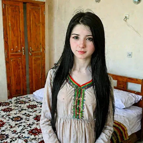 Beautiful black hair pale skin kurdish teen in room 