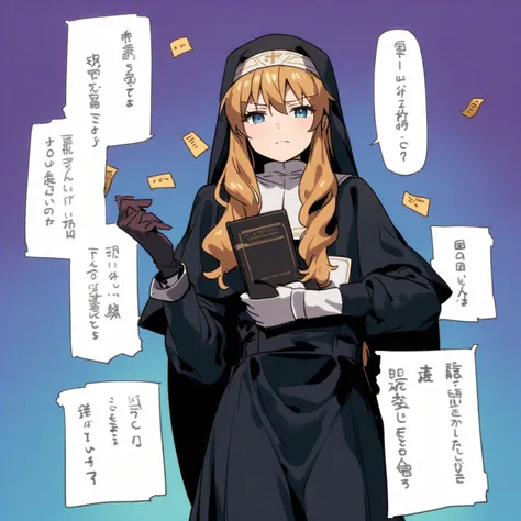 anime character with a Nuns holding a book and a bunch of notes, marisa kirisame, isekai, at Pixiv, Zero-chan, Boromir in the anime world, Nuns, Dark Priest, clergyman, kirisame marisa, dressed like a clergyman, an evil Nuns, Wearing a black robe, From the...