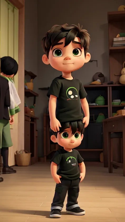 Little boy with black t-shirt and green pants