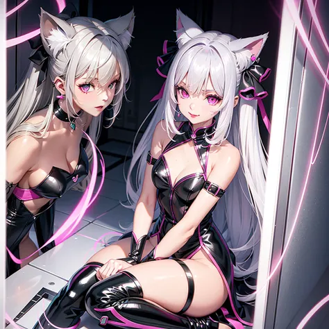 Silver hair, pink eyes, body, cat ears, sexy girl, earrings, background fantasy,green pink uniform, hair bows, sit down, happy face