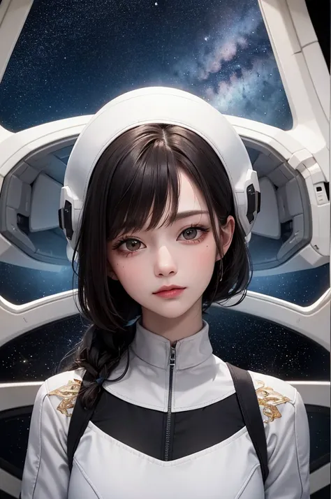 Masterpiece, Best Quality, 8K, Detailed Skin Texture, Detailed Cloth Texture, Beautiful Detail Face, Intricate Detail, Ultra Detailed, Portrait, BLACK Hair, brown Eyes, Head Tilt, Inside the spaceship、Spacecraft crew、full body shot、Outside the window is sp...