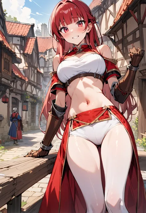 ((masterpiece,Highest quality:1.3)),1woman,30 year old beauty,独奏,((very small head:1.3)),red hair,long hair,blunt bangs,red eyes,gorgeous eyes,shy,smile,medium breasts,((very long body:1.3)),((toned body,slender body,)),skinny,gleaming skin,shiny skin,((Re...