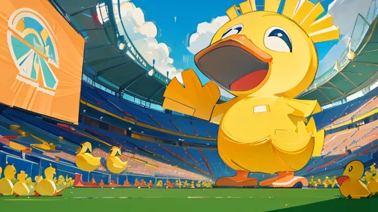 ilustration a stadium with giant statue yellow duck with cartoon style