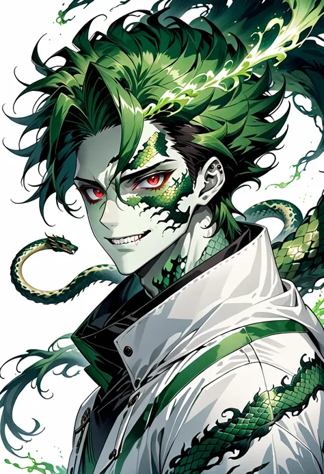 Generate an anime-style illustration of a teenage male character with the appearance of a Gorgon. He should have pale skin, sharp facial features, and a monstrous look, with green scales covering parts of his face and body. His hair should be made entirely...