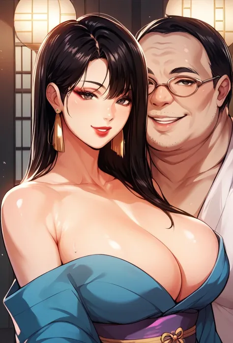 Beautiful ,sexy ,hot woman standing with ugly fat old man and one son and one daughter having family photo together, black eyes, black hair, long hair, big breasts,  long chandelier earrings ,kimono,short hair , smiling, lipstick 