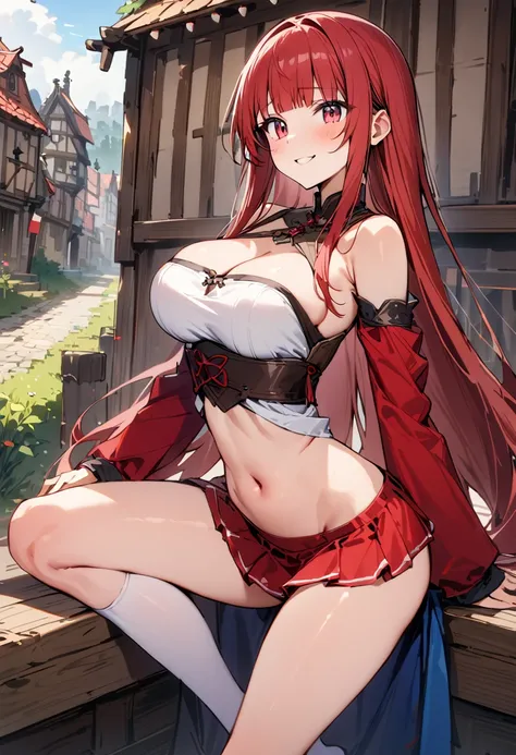 ((masterpiece,Highest quality:1.3)),1woman,30 year old beauty,独奏,((very small head:1.3)),red hair,long hair,blunt bangs,red eyes,gorgeous eyes,shy,smile,medium breasts,((very long body:1.3)),((toned body,slender body,)),skinny,gleaming skin,shiny skin,((Re...