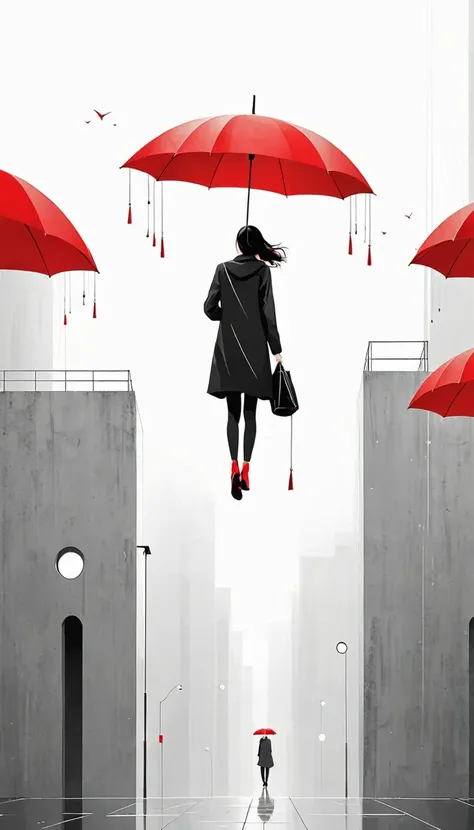 simple，Minimalist illustration，geometry，1pcs red umbrella-suspended in the air，solitary figure