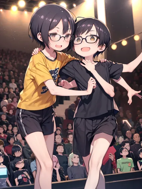 A boy with round glasses、Black Hair、Short Hair、Straight bangs、Yellow short sleeve shirt、Black shorts、Nobita Nobi、laughing、Watching the audience、