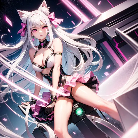 Silver hair, pink eyes, body, cat ears, sexy girl, earrings, background fantasy,green pink uniform, hair bows, sit down, happy face