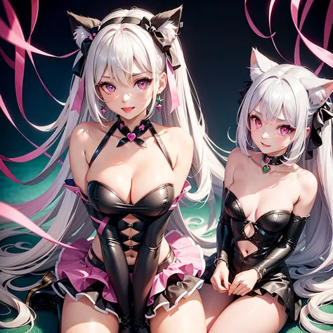 Silver hair, pink eyes, body, cat ears, sexy girl, earrings, background fantasy,green pink uniform, hair bows, sit down, happy face