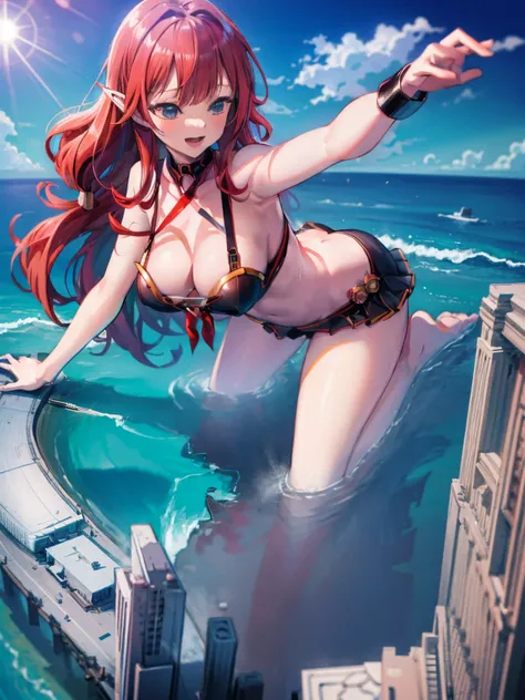 Giantess appears from underwater in front of a giant cruise ship, the cruise ship looks very small in front of her because it is giant, she is naked, she has red hair and white skin, she has small breasts but very sexy legs and her body is very curvy. Godd...