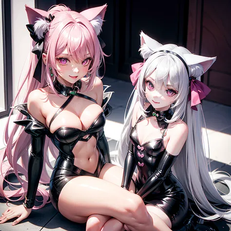 Silver hair, pink eyes, body, cat ears, sexy girl, earrings, background fantasy,green pink uniform, hair bows, sit down, happy face