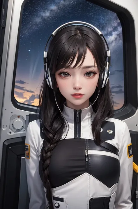 Masterpiece, Best Quality, 8K, Detailed Skin Texture, Detailed Cloth Texture, Beautiful Detail Face, Intricate Detail, Ultra Detailed, BLACK Hair, brown Eyes, Inside the spaceship、Spacecraft crew、full body shot、Outside the window is space、star、meteorite、Mi...