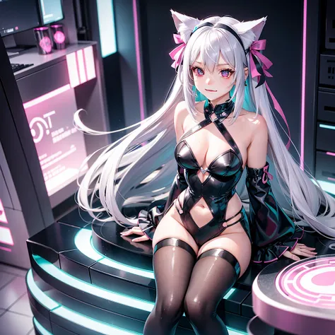 Silver hair, pink eyes, body, cat ears, sexy girl, earrings, background fantasy, teal uniform, hair bows, sit down, happy face