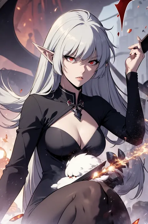 Alicia,Vampire,gray fur, wide, Red eyes, pointy ears, small breasts,black dress, neckline trimming, long sleeves, Thighs, thigh pull
