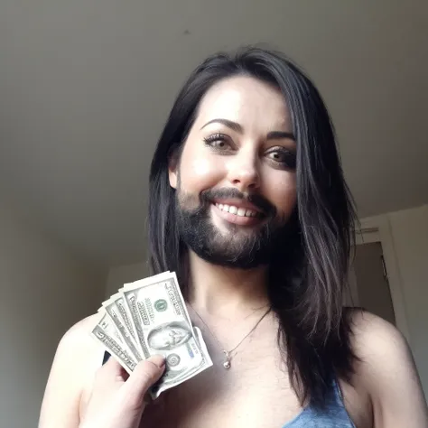 bearded woman beautiful shaggy beard, black hair, brown eyes, eyeliner, proud smile, seductive look, hold a load of dollar bills