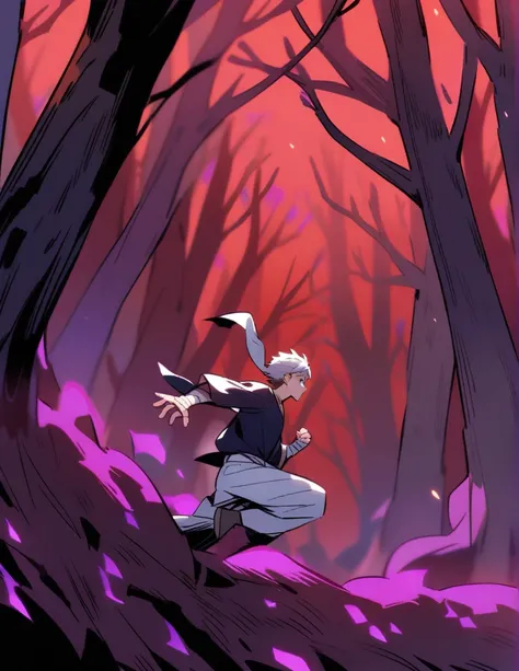 white-haired Greek boy, with violet eyes, with bandaged wrists, running sideways in a red forest of dead trees