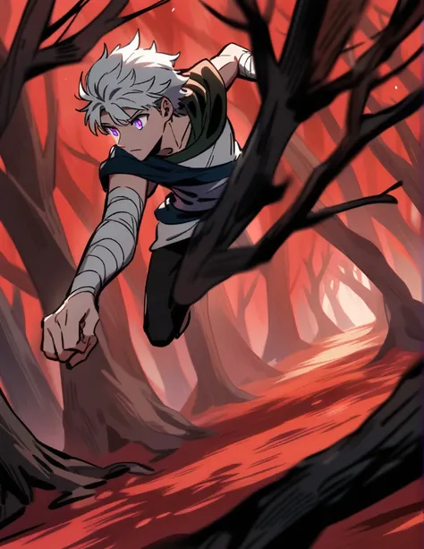 white-haired Greek boy, with violet eyes, with bandaged wrists, running sideways in a red forest of dead trees