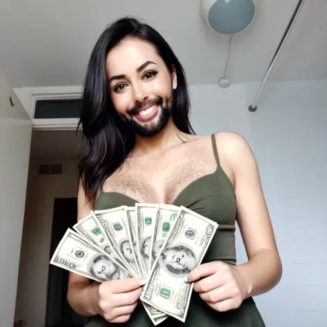 bearded woman beautiful shaggy beard, black hair, brown eyes, eyeliner, proud smile, seductive look, hold a load of dollar bills