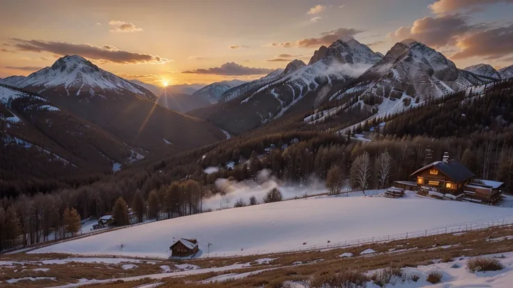 A stunning sunrise at a mountain cabin with a cup of coffee. The warm hues of the sun kiss the sky, painting it in shades of orange, pink, and gold as the light spills over the surrounding peaks. The image, most likely a photograph, captures the tranquilit...