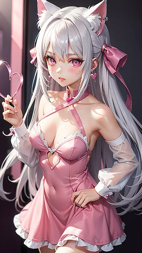 Silver hair, pink eyes, body, cat ears, girl, earrings, heart background fantasy, hot pink dress uniform, hair bows