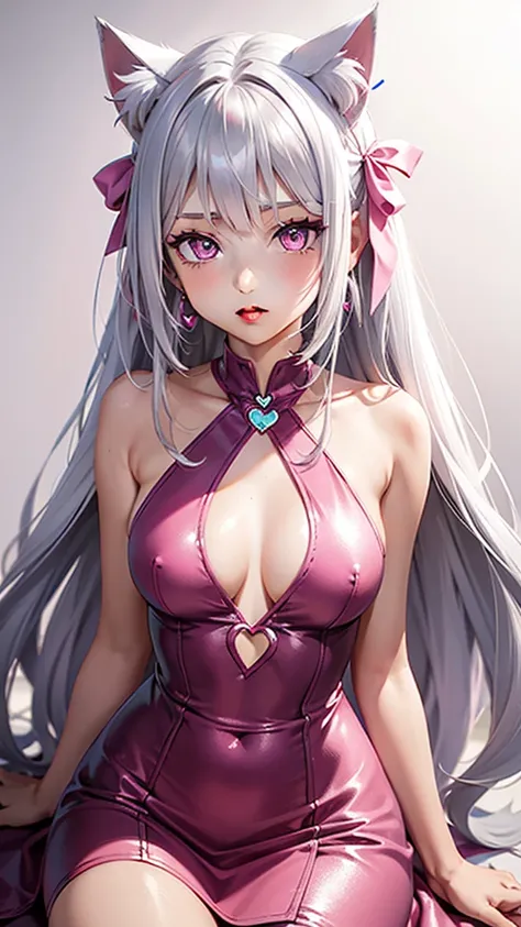 Silver hair, pink eyes, body, cat ears, girl, earrings, heart background fantasy, hot pink dress uniform, hair bows