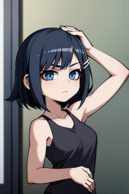 anime style, upper body, a girl, 13 years old, bob hair,  deep blue hair, ahegao, black tank top, hair clip, masterpiece, best quality, detailed eyes, artistic background, concept art, intricate detailed