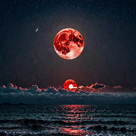 red moon rising from the sea distant view hd 4k quality