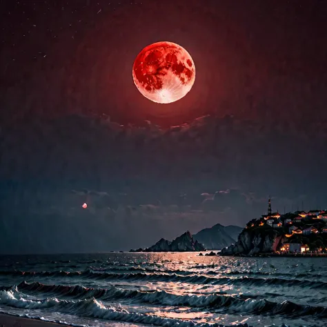 red moon rising from the sea distant view hd 4k quality