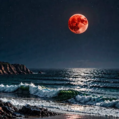 red moon rising from the sea distant view hd 4k quality